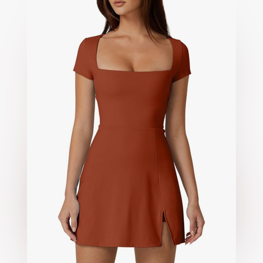 Women Square Neck Tennis Golf Athletic Dress Built in Shorts with pockets Small